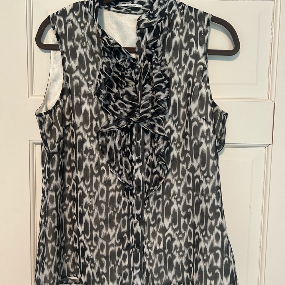 Tahari Black and White Ruffled Sleeveless Blouse